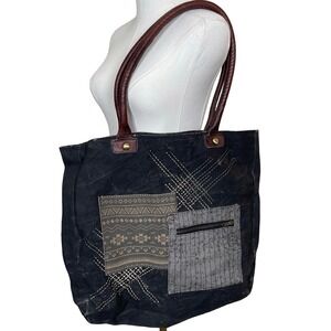 Mona B Tote Bag Black Canvas Leather Straps Patchwork Tribal Zipper Distressed